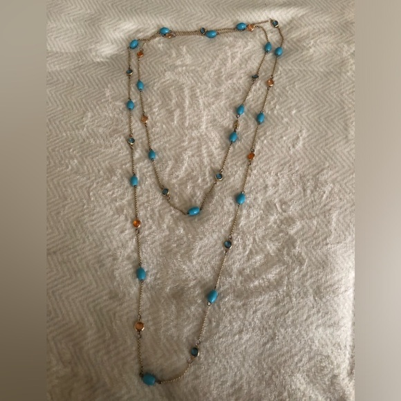 Stunning long layered beaded pendant, blues, peach, gold coloured chain - Picture 4 of 5